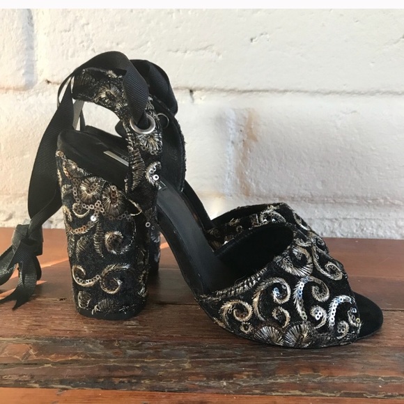 Topshop Rioja Lace Up Sequin Embroidered Heels - Picture 2 of 8
